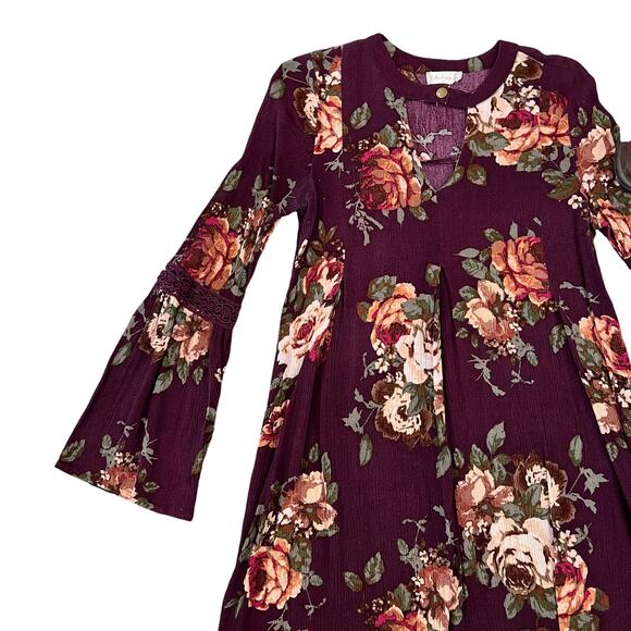Altar'd State Burgundy W/Floral Print Bell Sleeve Boho Tunic/Dress - SIZE SMALL - Picture 4 of 6